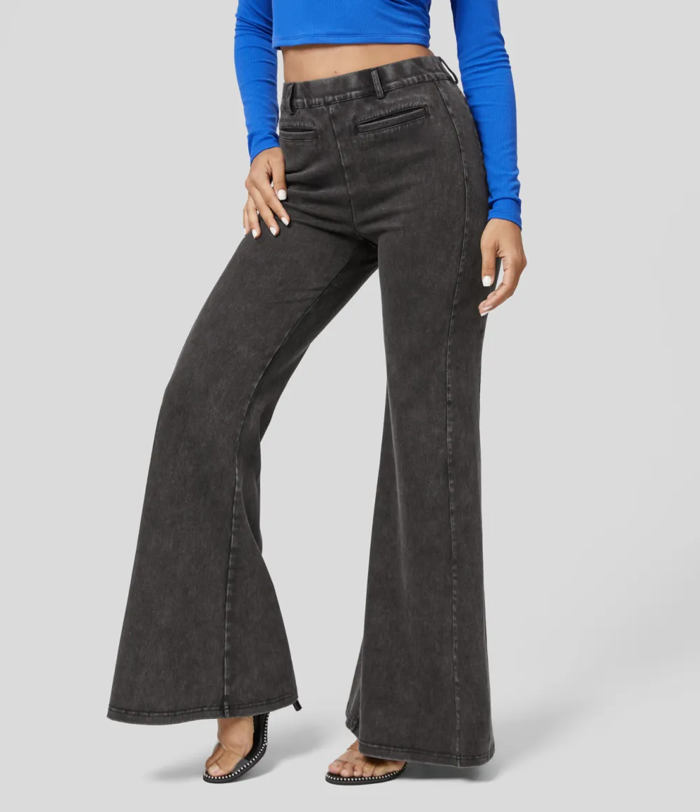 Magic High Waisted Multiple Pockets Washed Stretchy Knit Casual Super Flare Jeans