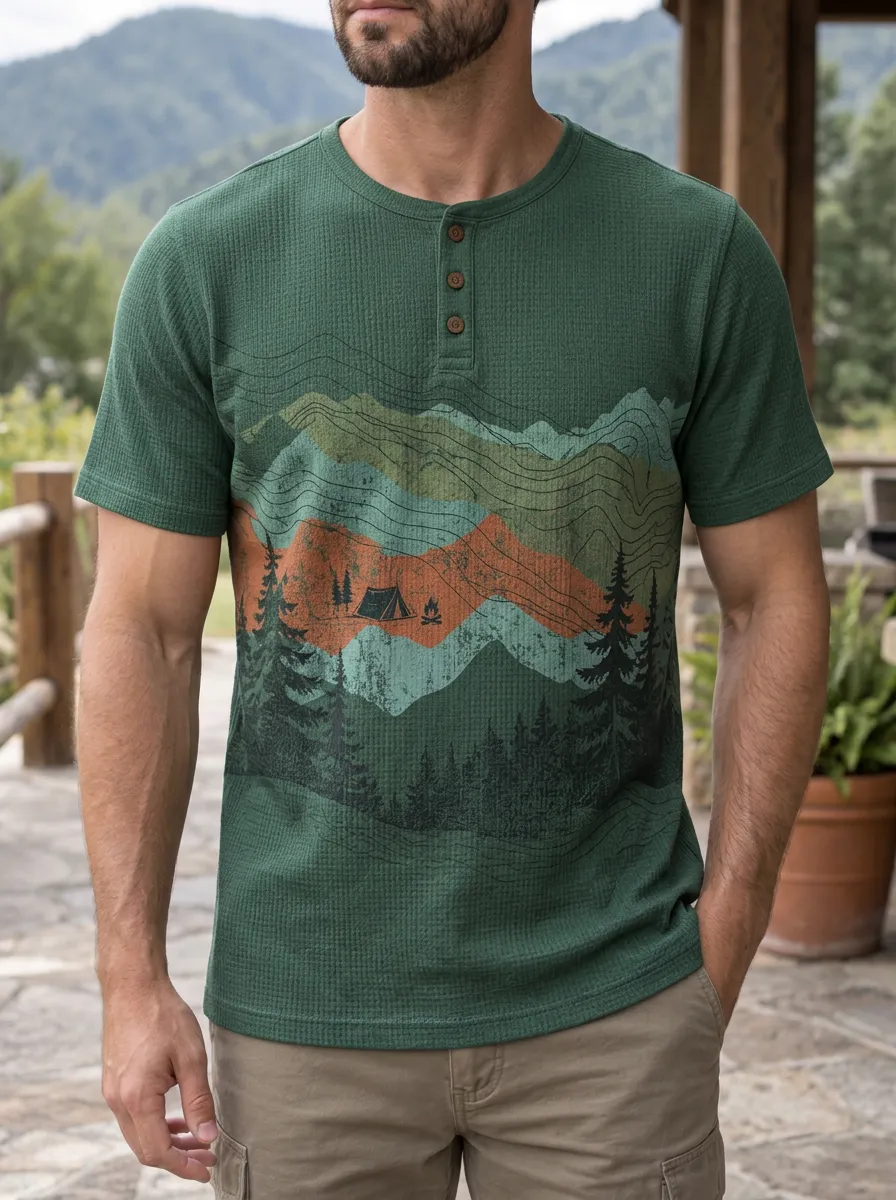 Men's Camping Nature Lover Mountain Forest Printed Henley T-shirt