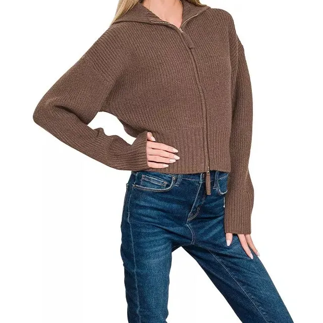Zip Up Ribbed Knit Cardigan