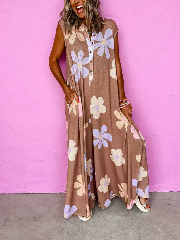 Floral Tie Button Round Neck Wide Jumpsuit