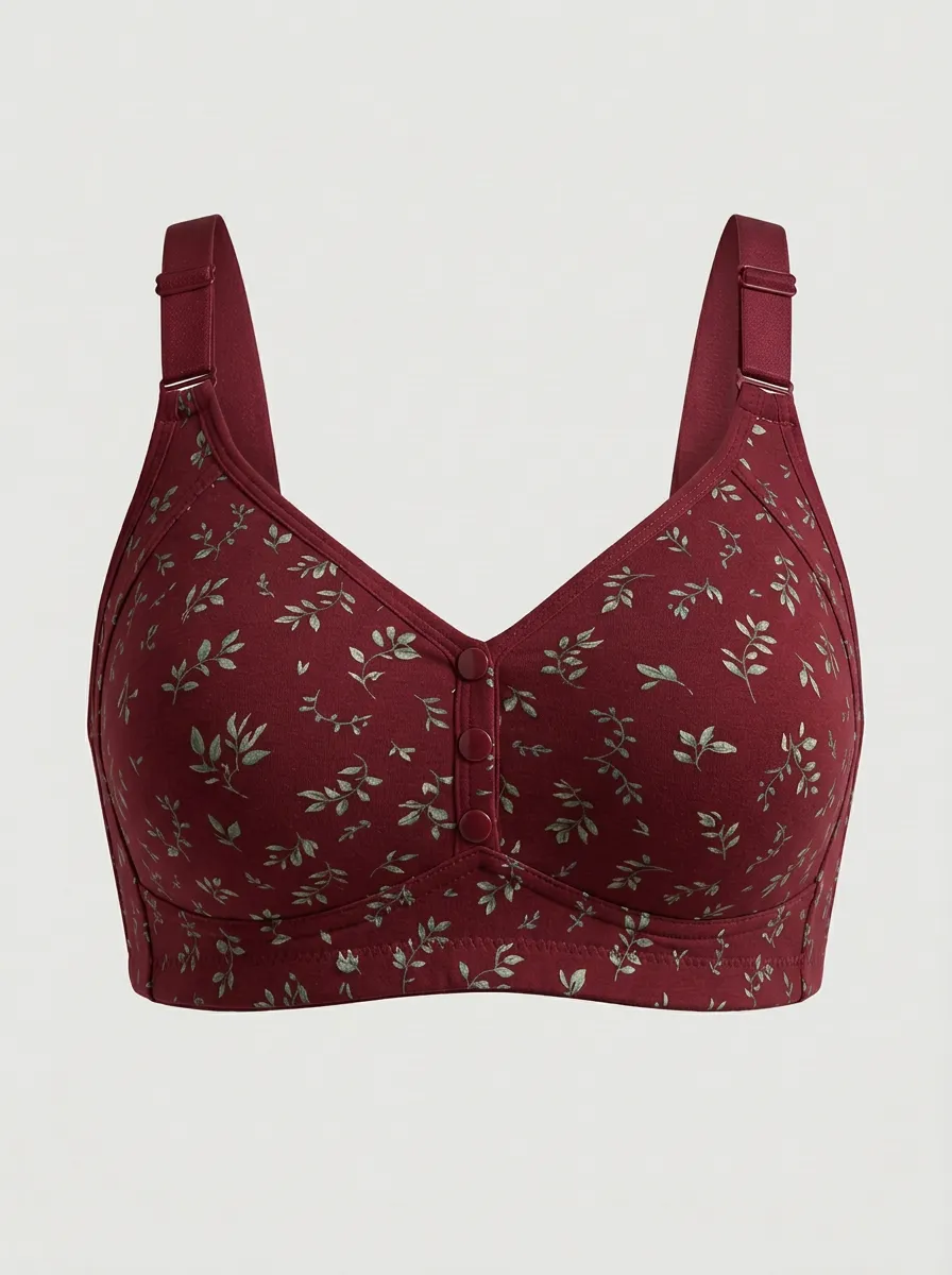 Women's Plus Size Off-White Botanical Leaf Front-Closure V-Neck Wireless Bralette