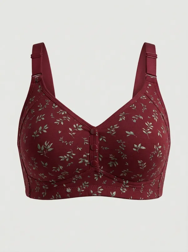 Women's Plus Size Off-White Botanical Leaf Front-Closure V-Neck Wireless Bralette