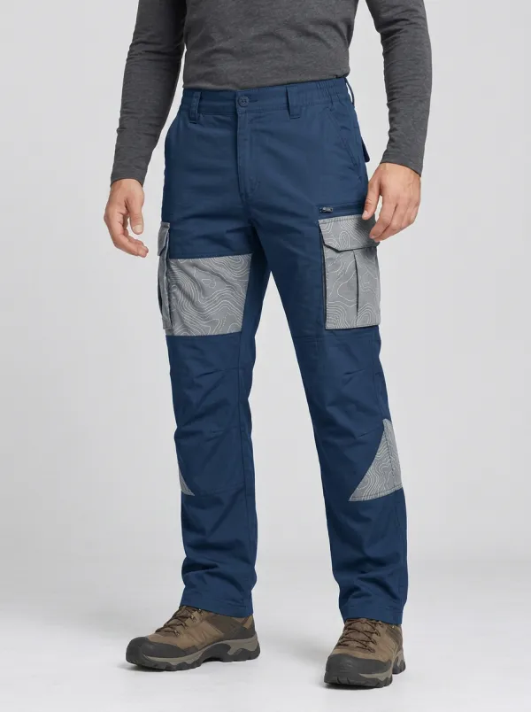 Men's Charcoal Grey Topographic Multi-Pocket Reinforced Knee Zip Thigh Pocket Partial Elastic Waist Tactical Cargo Pants