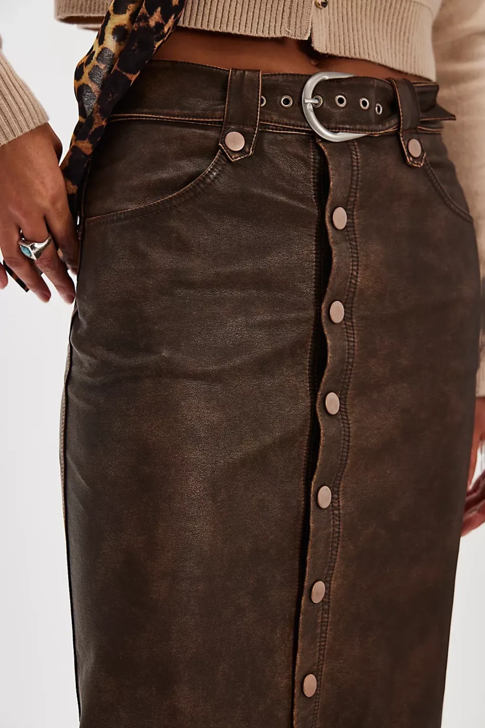 Faux Leather Button Front Slit Maxi Skirt