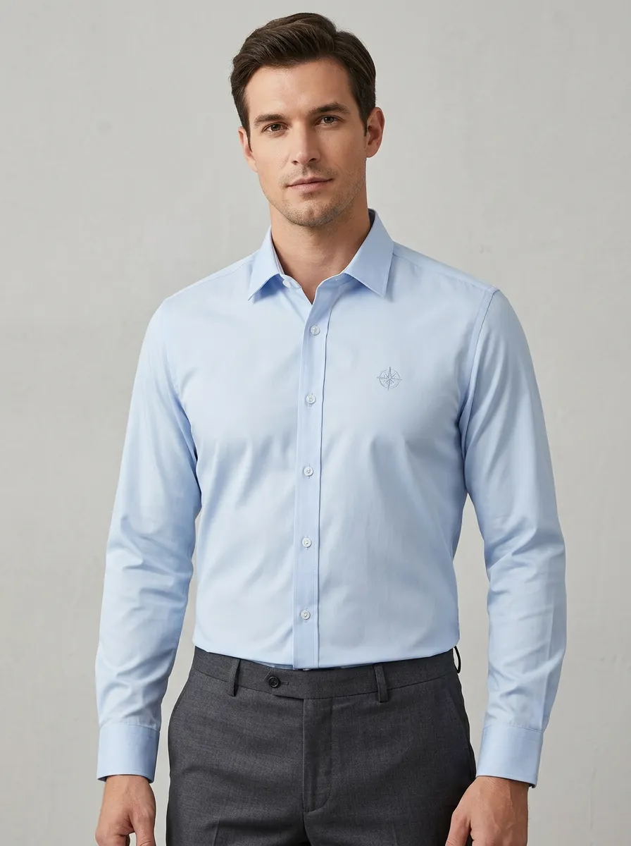 Men's Non-Iron Cotton Compass Embroidered Long Sleeve Shirt