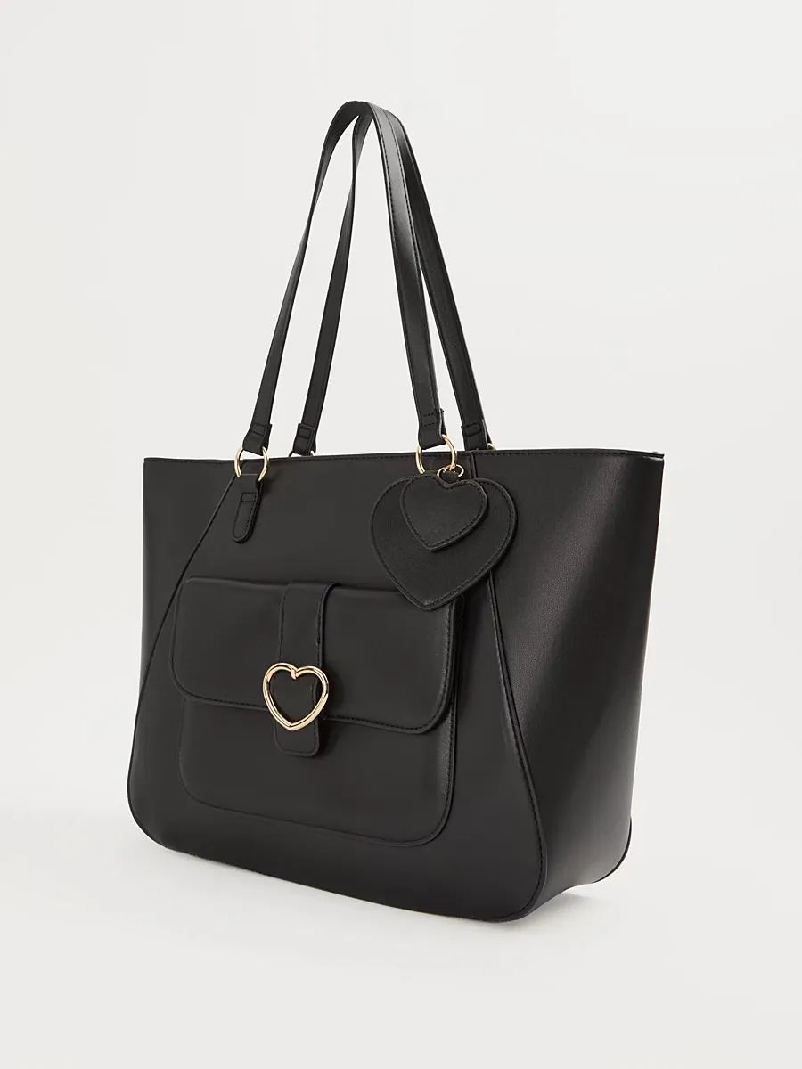 Black Heart Buckle Leather Look Tote Bag with Pencil Case