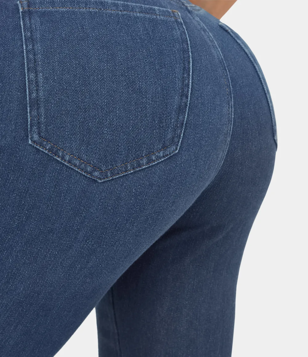 Magic High Waisted Button Pockets Stretchy Knit Casual Flare Jeans