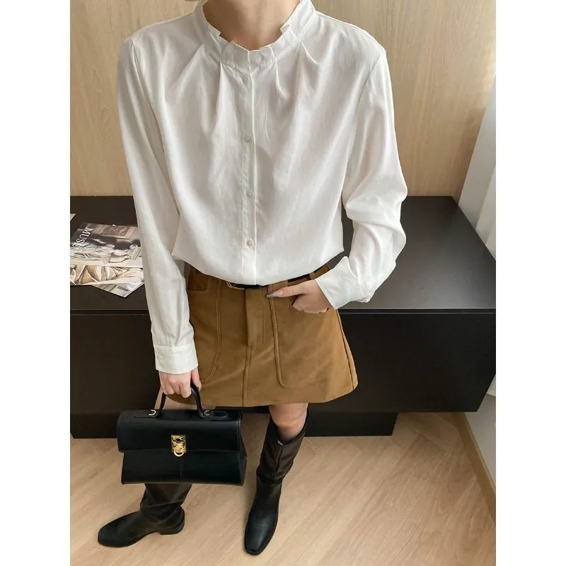 Textured Lace Collar Long Sleeve Office Shirt