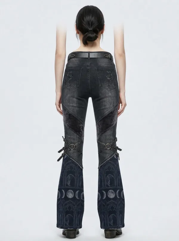 Dark Rose Moon Phase Moon Design Women's Gothic Flare Pants
