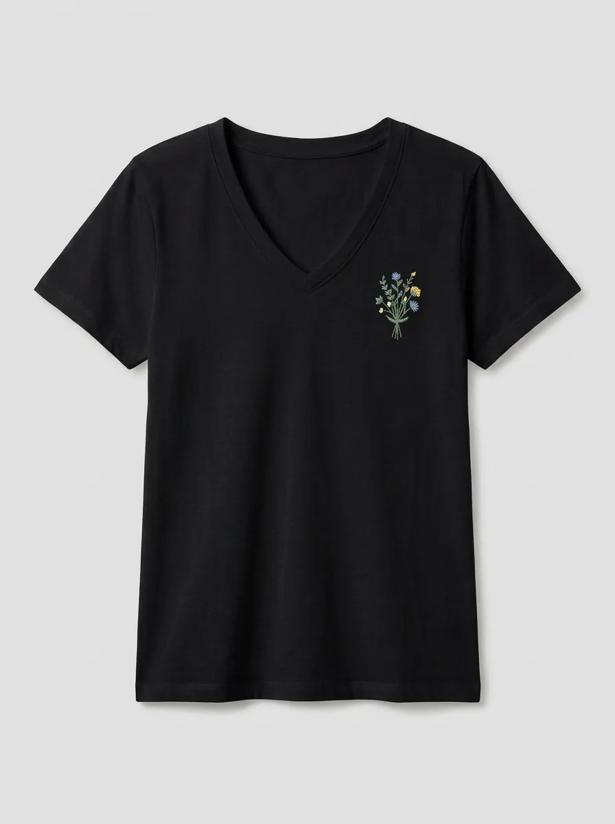 Women's Botanical-Embroidered Left-Chest V-Neck T-Shirt