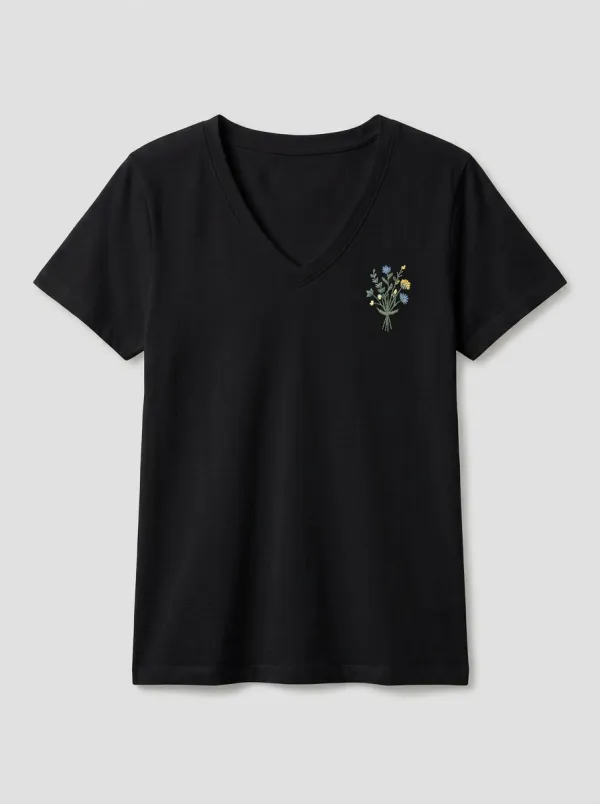 Women's Botanical-Embroidered Left-Chest V-Neck T-Shirt