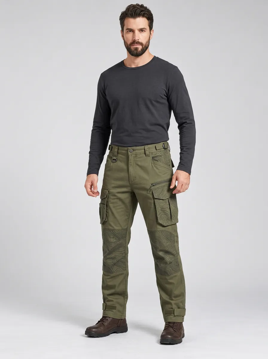 Men's Olive Green Topographic Multi-Pocket Tactical Cargo Pants