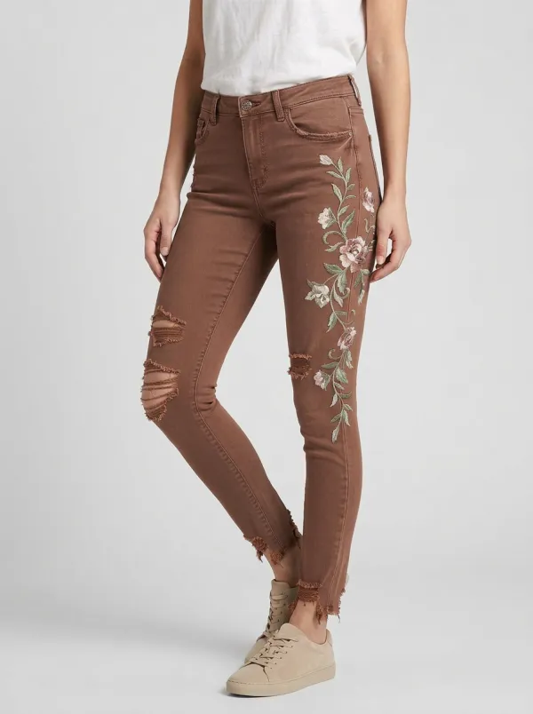 Women's Floral Rose Embroidered Ripped Graphic Slim Jeans