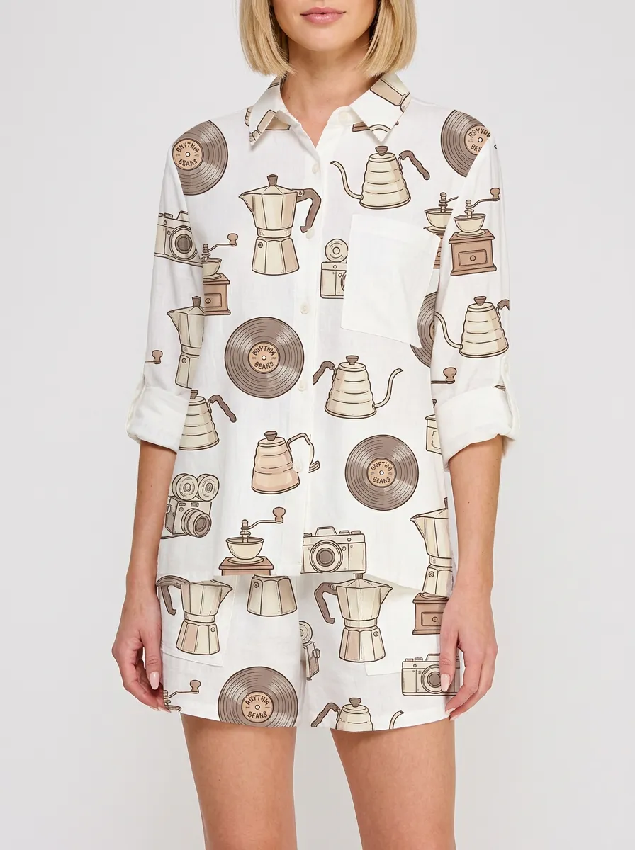 Women's Coffee Vinyl Camera Hobby Printed Button-up Shirt