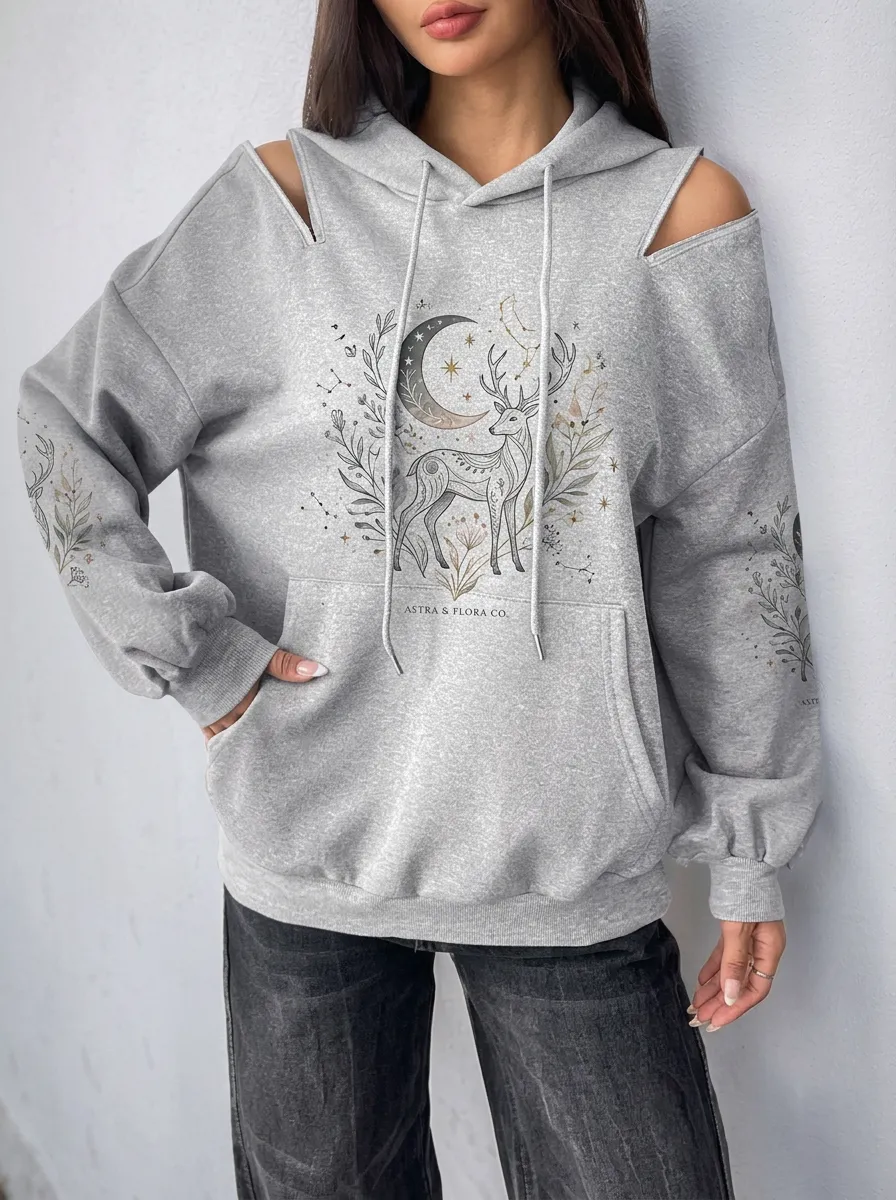 Women's Celestial Deer Floral Moon Printed Cold Shoulder Hoodie