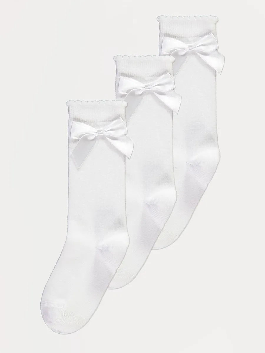 White Bow Cotton Rich Knee High Socks 3 Pack