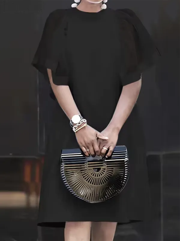 Short Sleeve Pleated See Through Solid Color Split Joint Round Neck