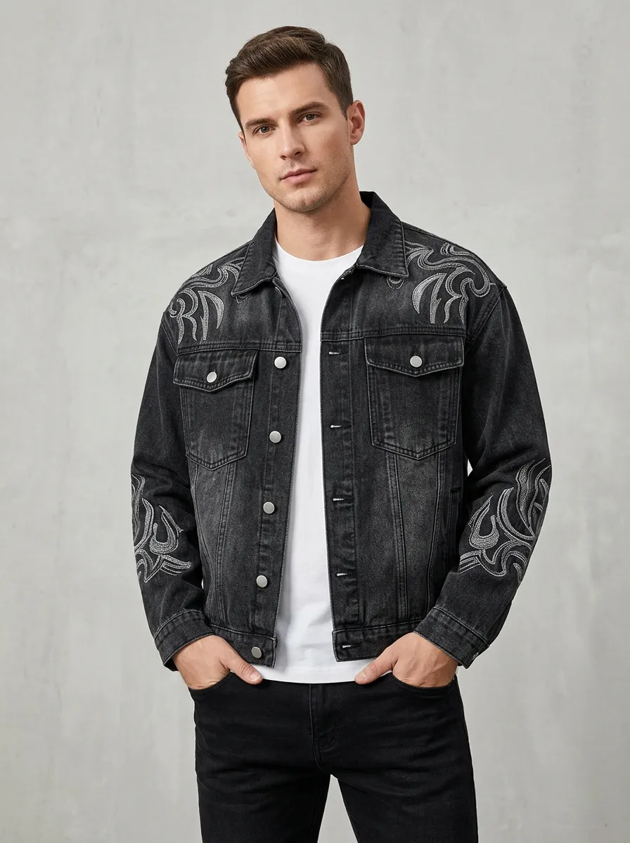 Men's Vintage Inspired Tribal Embroidered Denim Jacket