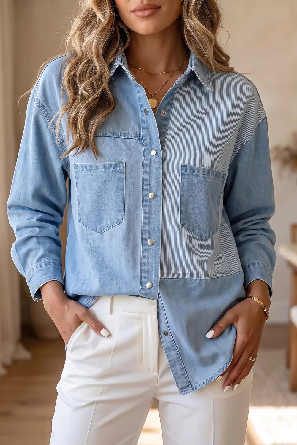 Women's Striped Patchwork Denim Blouse