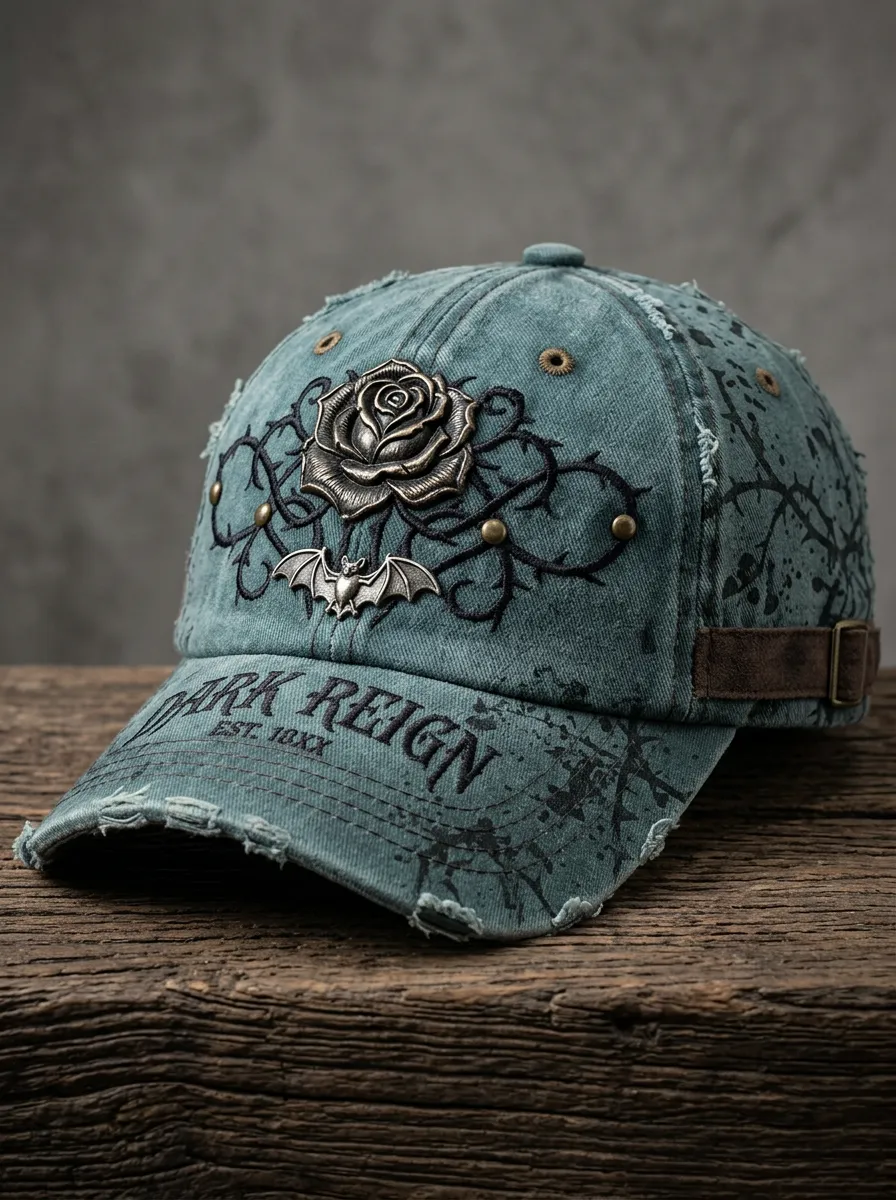 Mystic Bat Rose Distressed Design Unisex Gothic Baseball Cap
