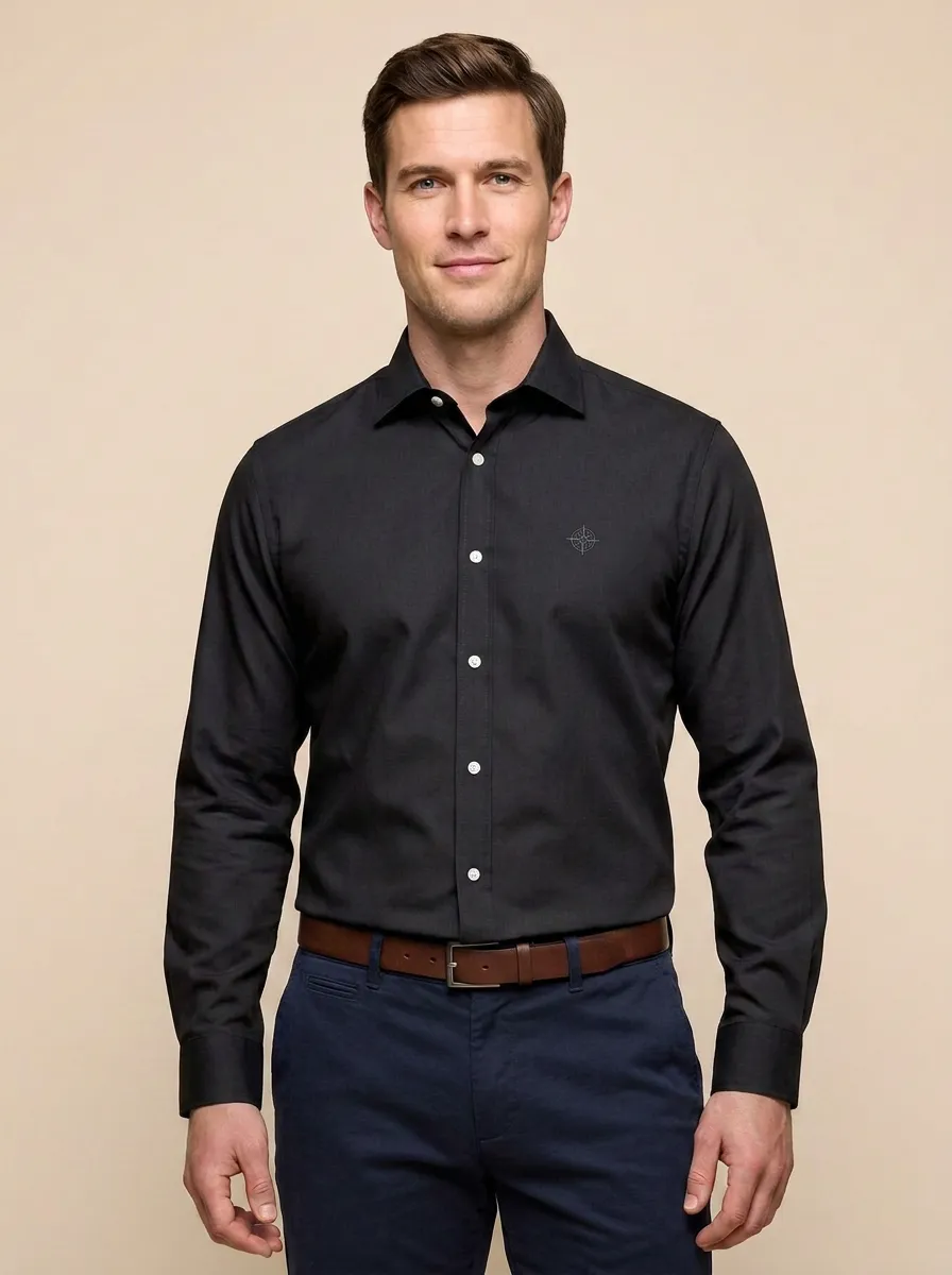 Men's Non-Iron Cotton Compass Logo Embroidered Button-Down Shirt