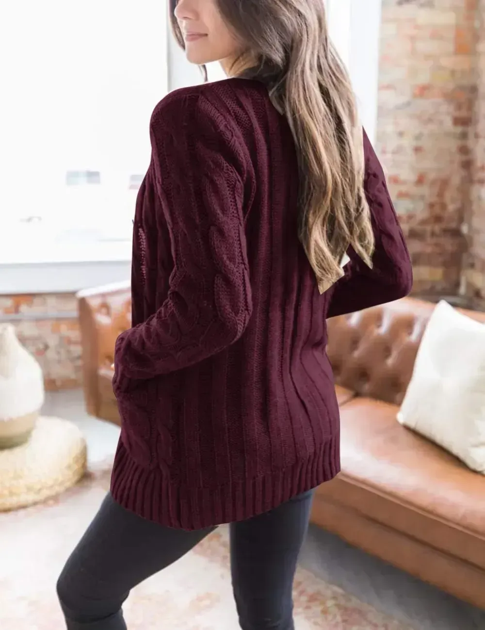 MEROKEETY Women's 2024 Fall Long Sleeve Cable Knit Sweater Open Front Cardigan Button Loose Outerwear