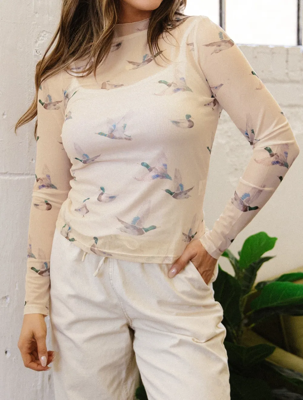Western Print Mesh Fitted Stretch Fabric Long Sleeve Top