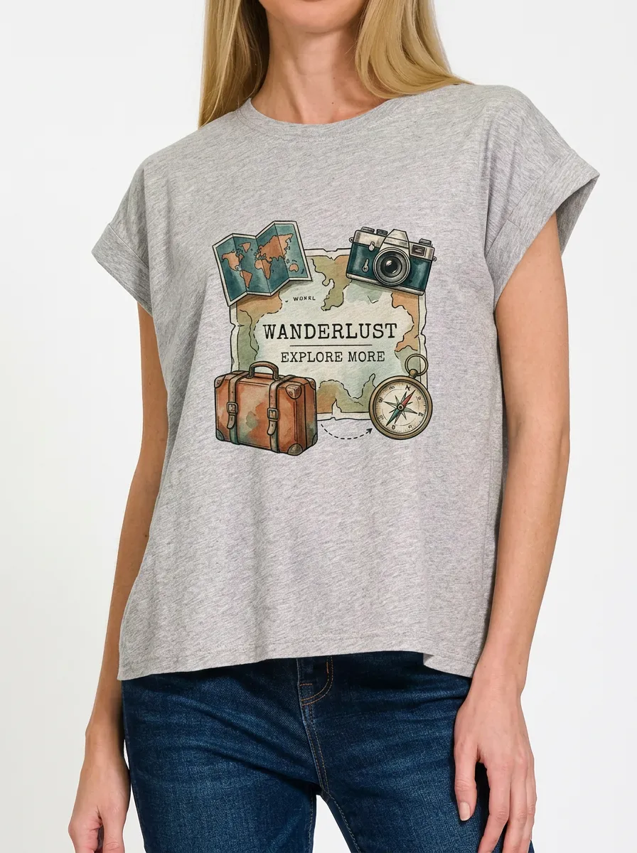 Women's Travel Wanderlust Map Camera Graphic T-Shirt
