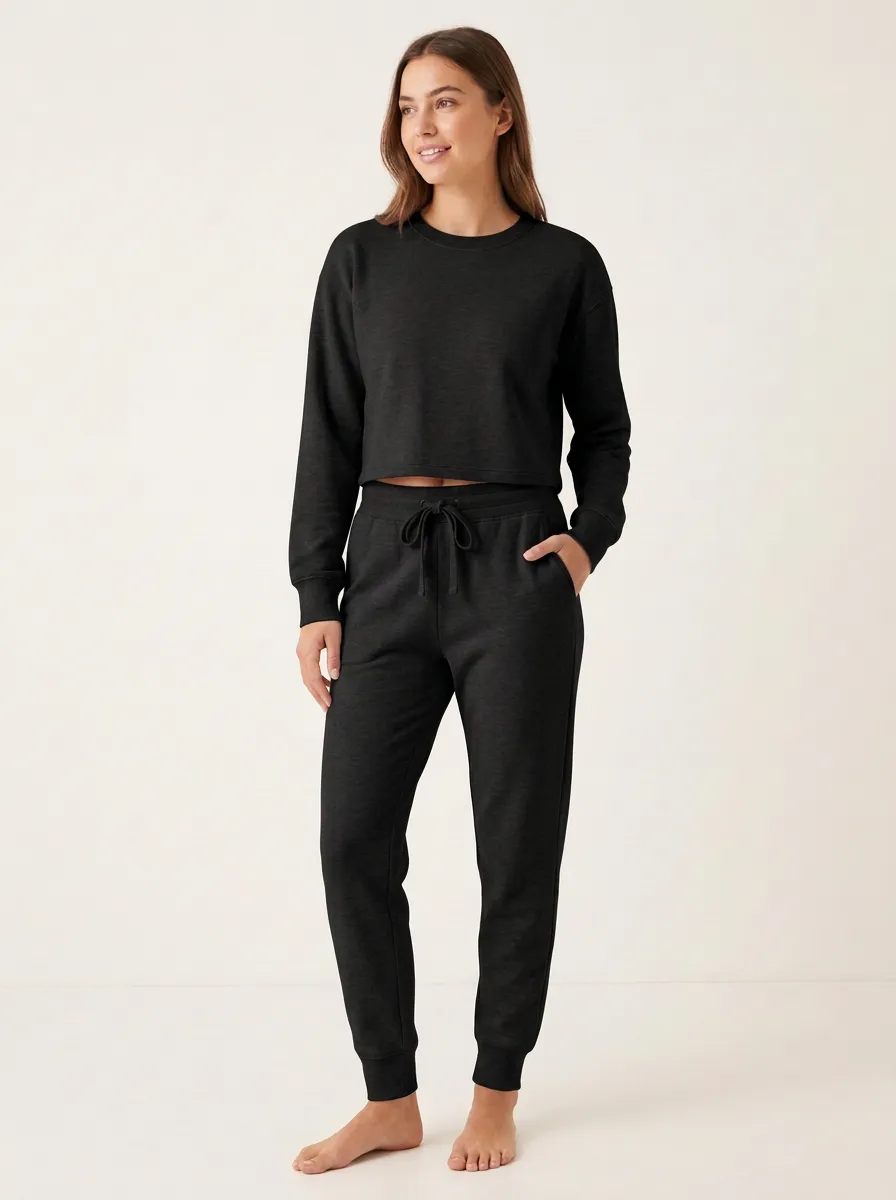 Women's Heathered Cropped Crewneck Ribbed-Cuff Jogger Set