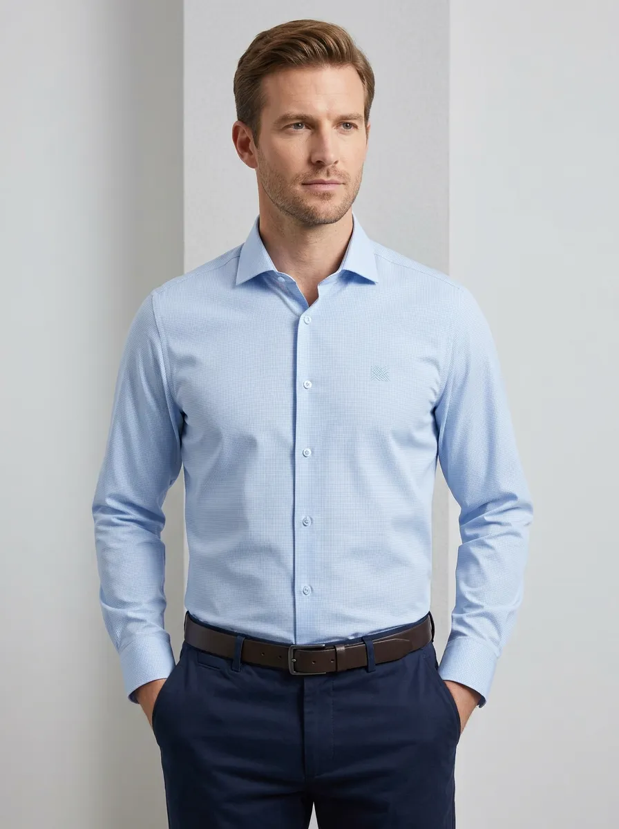 Men's Non-Iron Cotton Micro-Check Embroidered Logo Dress Shirt