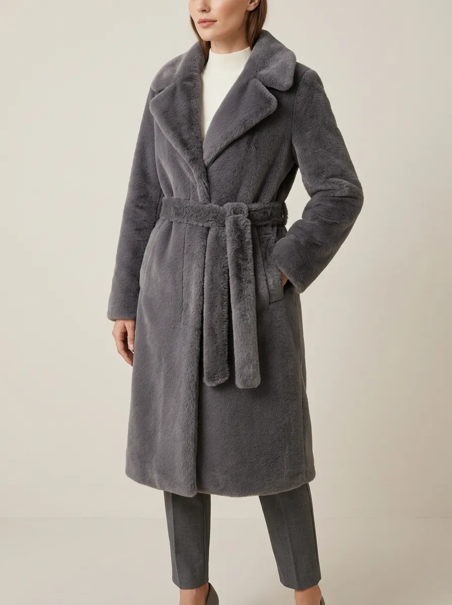 Self Tie Belt Solid Faux Fur Belted Coat