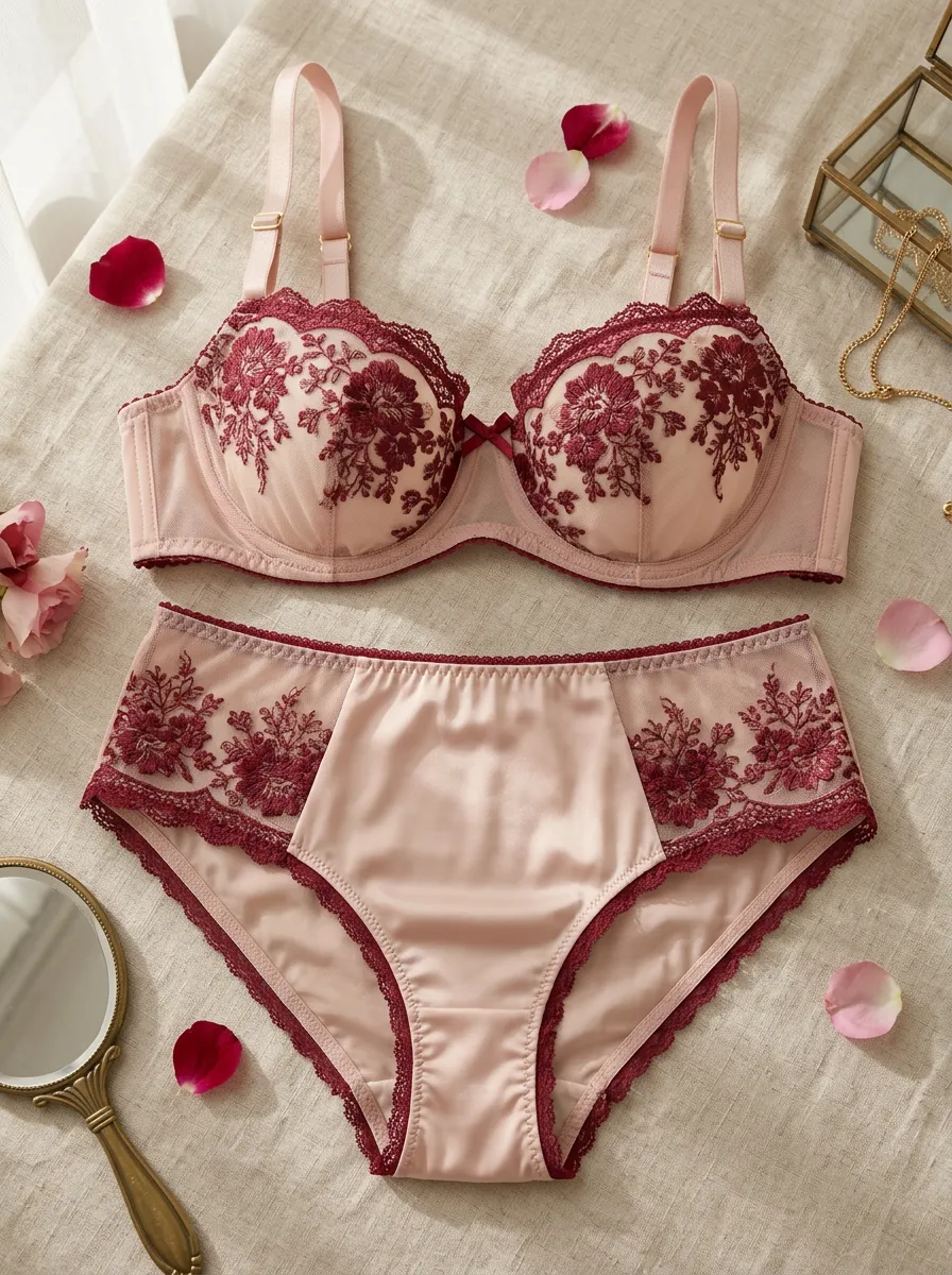 Women's Floral Embroidery Lace Blush Lingerie Set