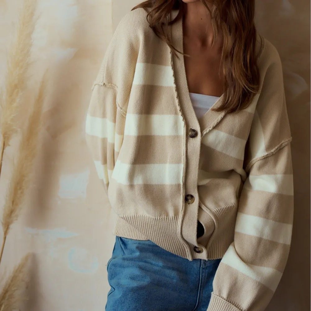 Modern Ribbed Button Front Dropped Shoulder Striped Cardigan