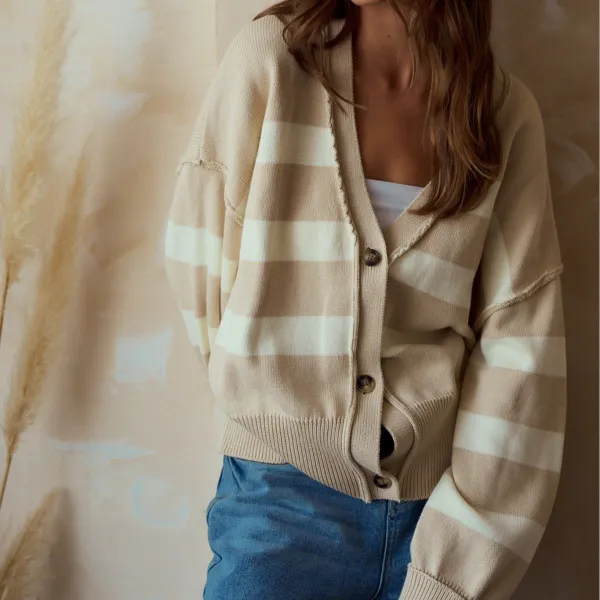 Modern Ribbed Button Front Dropped Shoulder Striped Cardigan