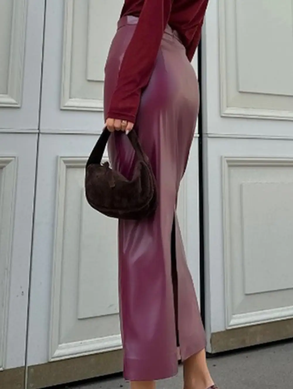 Leather Look Pencil Slit Midi Skirt