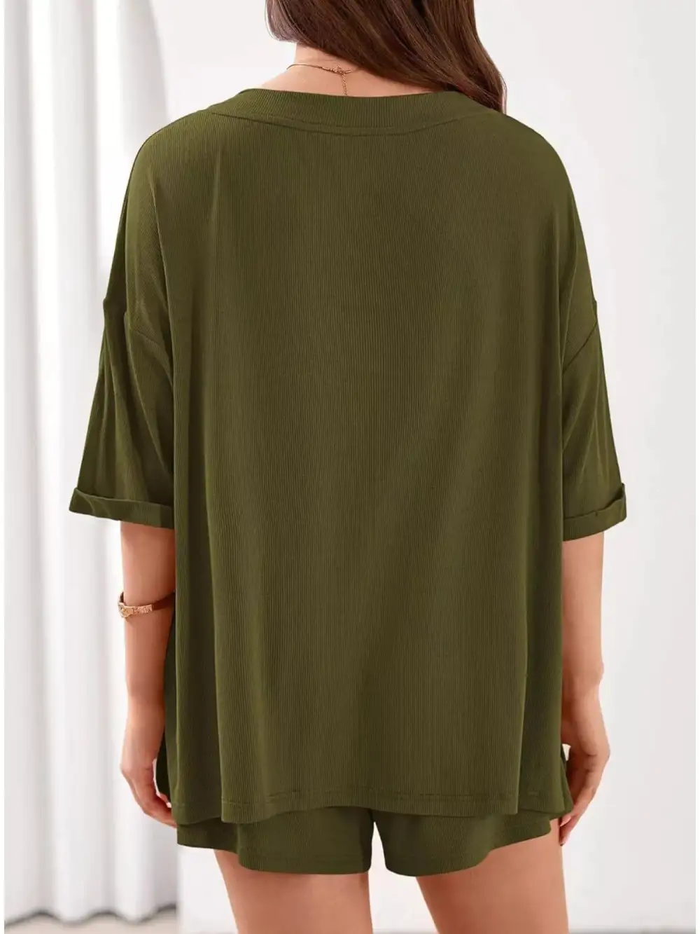 Casual Solid Color V Neck Top and Shorts Set