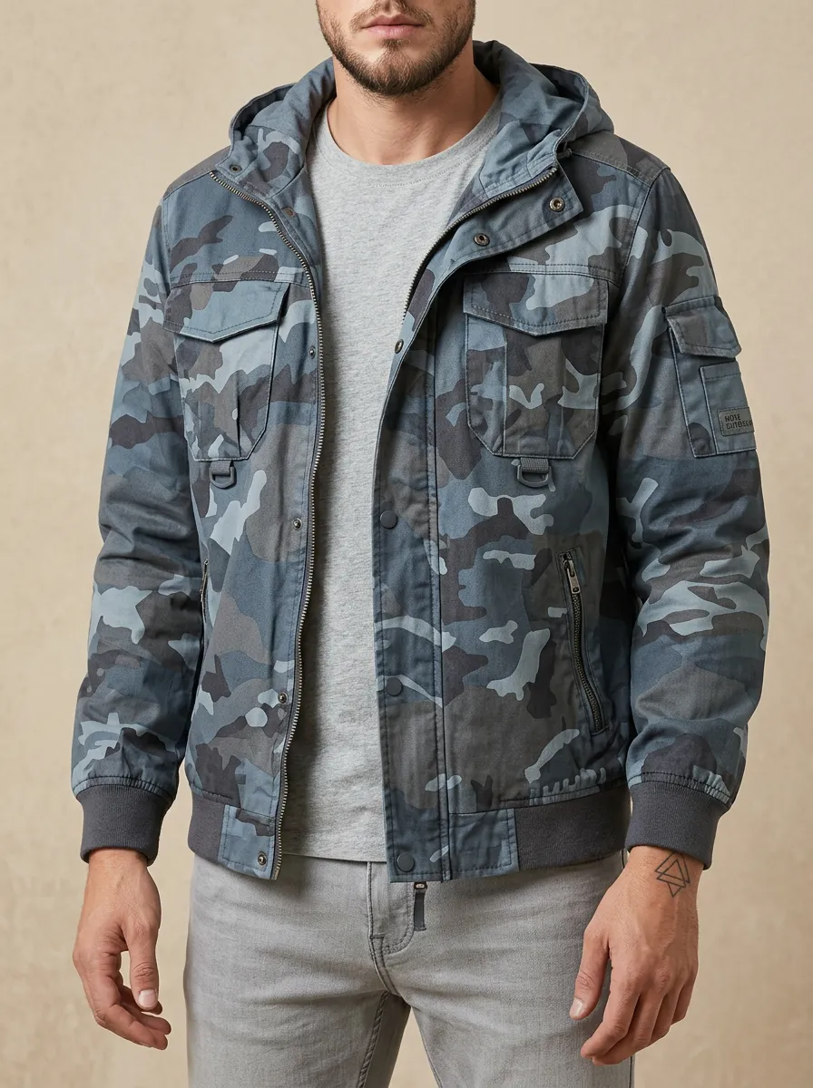 Men's Camouflage Hooded Jacket with Flap Pockets