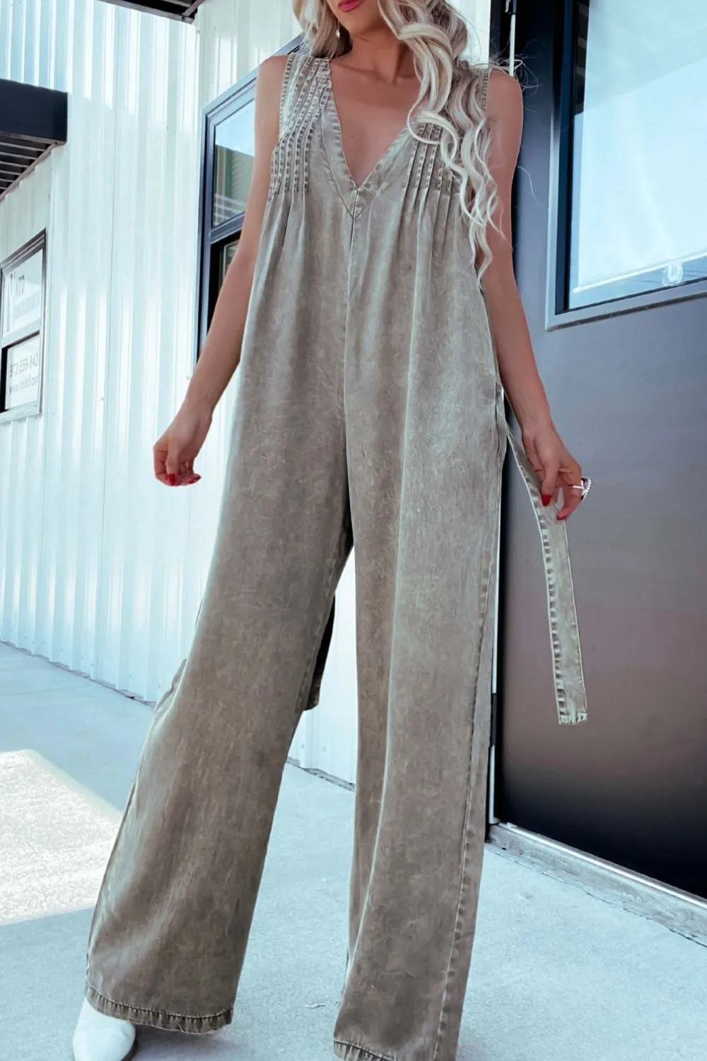 V Neck Wide Leg Everyday Jumpsuit Denim Pants