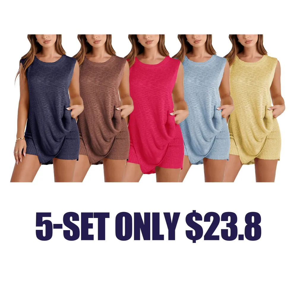 Women's Knit Sweater Set Sleeveless Tunic Top Matching Short 2 Pieces Set