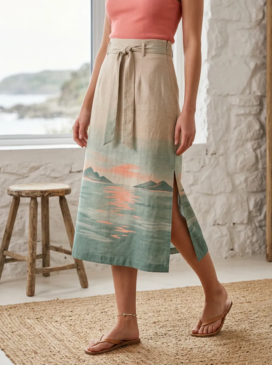 Women's Beach Lover Sunset Mountain Printed Midi Skirt