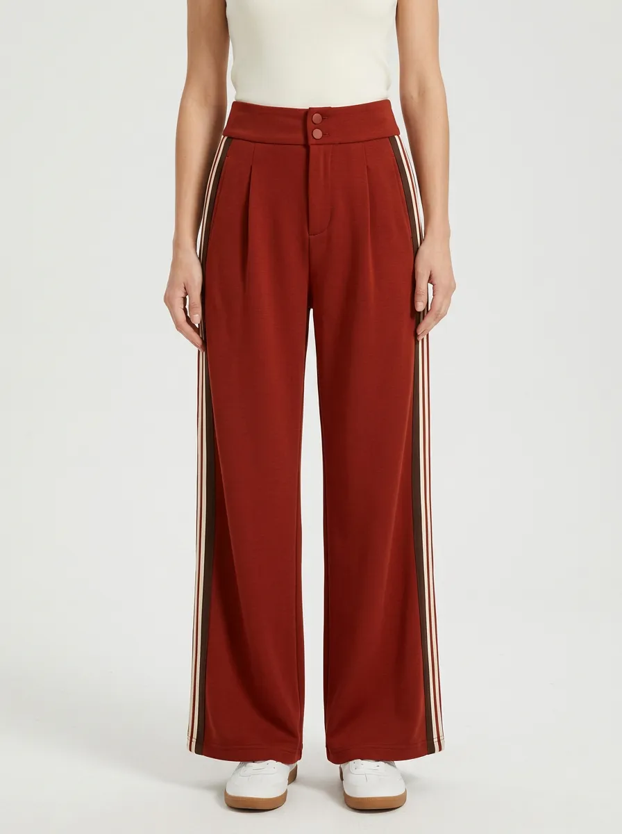 Women's High-Rise Double-Pleat Contrast-Stripe Wide-Leg Trousers