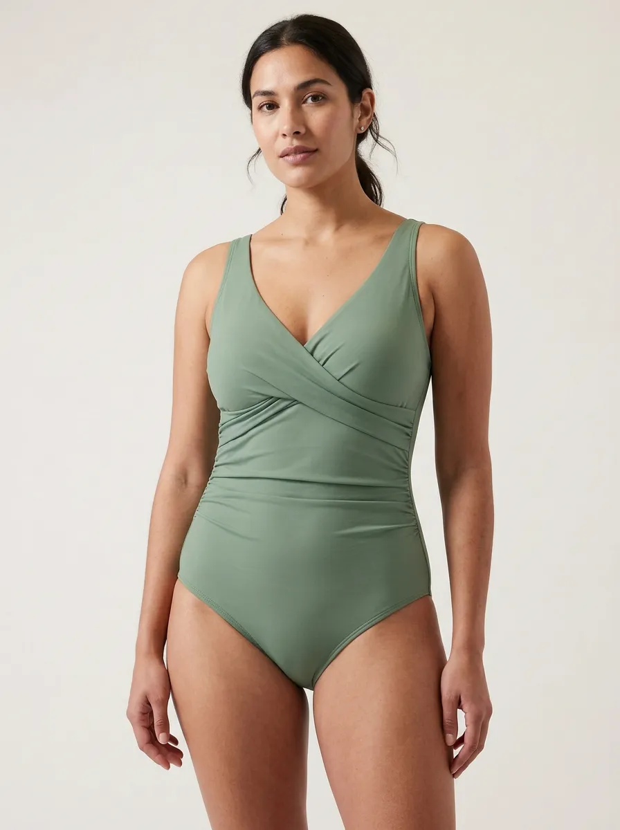 Smooth-Profile V-Neck Ruched One-Piece Swimsuit