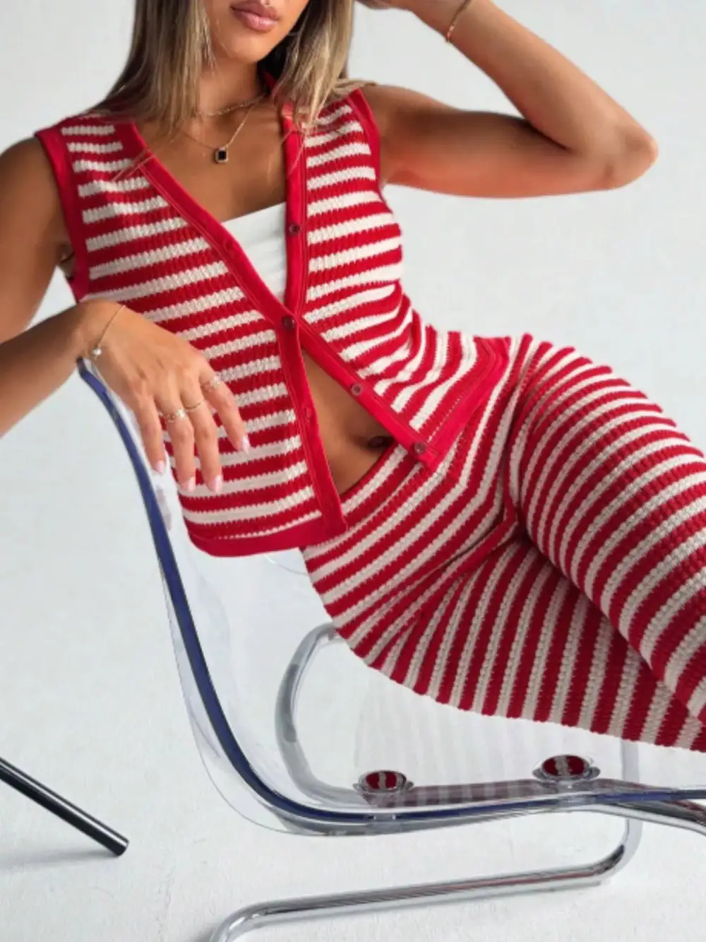 Striped Knit V Neck Button Up Sleeveless Top and Pants