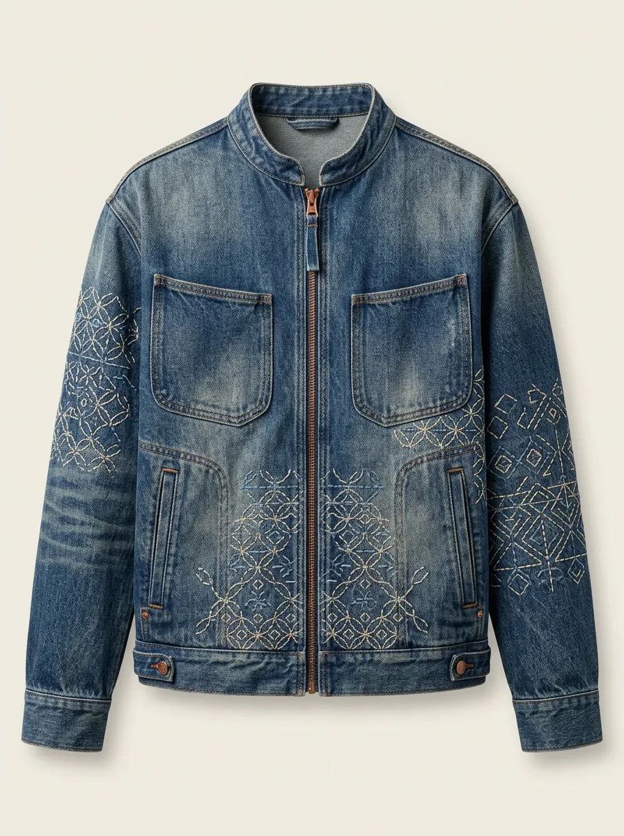 Men's Geometric Pattern Embroidered Denim Zip Jacket