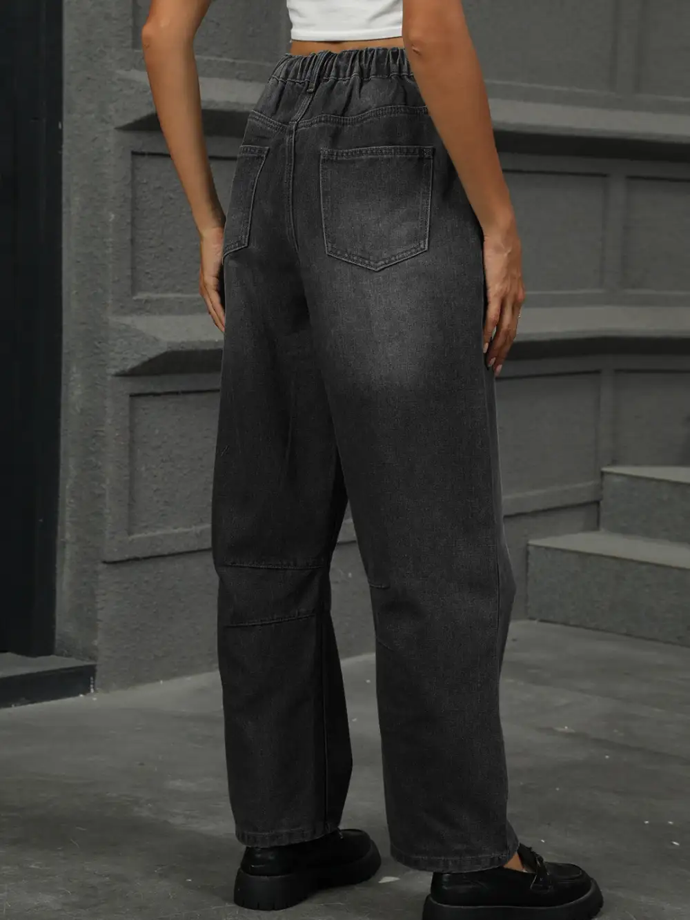 Straight Leg Elastic Waist Denim Jeans
