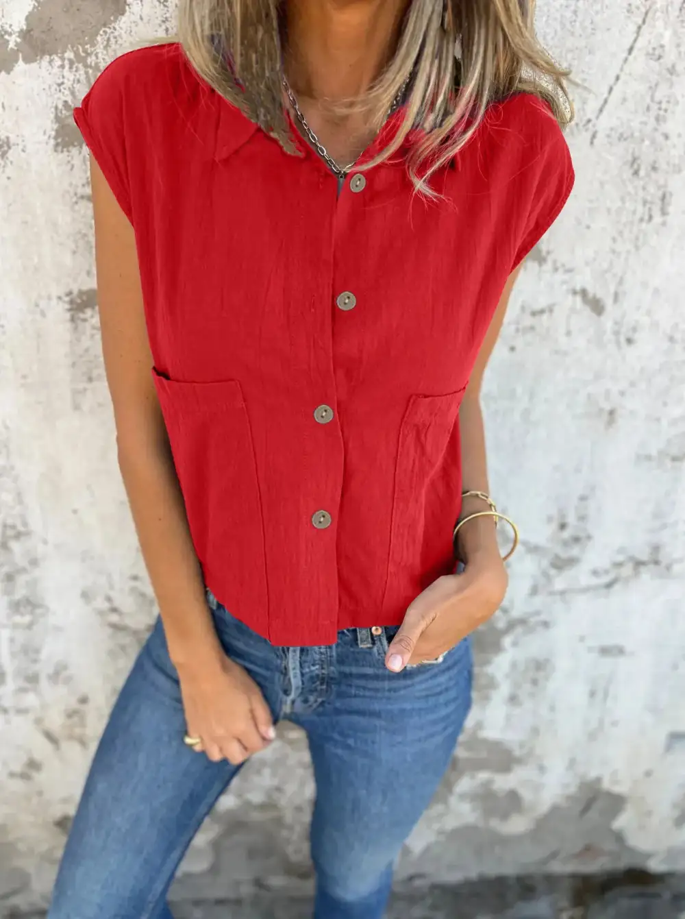 Plus Size Button Down Cap Sleeve Linen Shirt