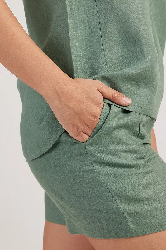 Sage Green Linen Matching Set with V-Neck Tank & Tailored Shorts