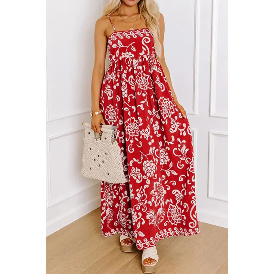 Classic Floral Printed Spaghetti Strap Empire Waist Maxi Dress