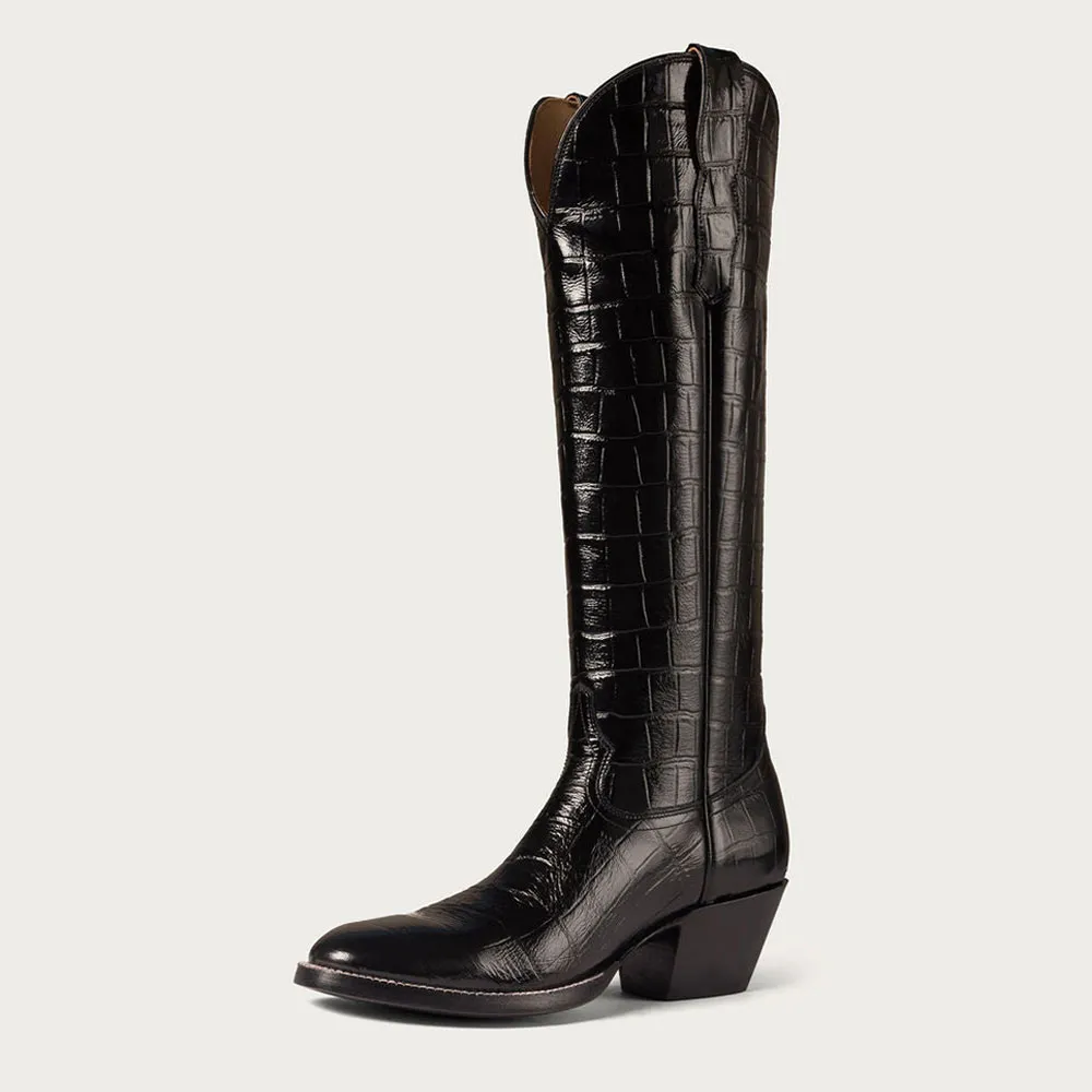 Classic Faux-Leather Crocodile-Embossed Round-Toe Chunky-Heel Knee-High Boots