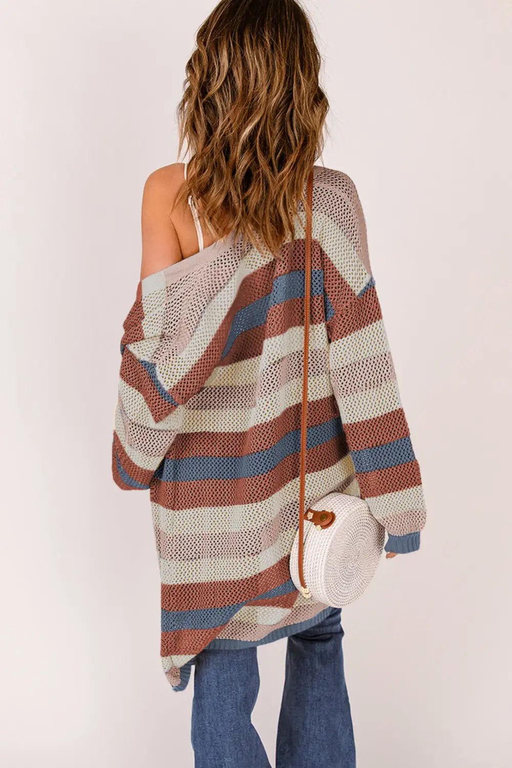 Striped Color Block Openwork Knit Cardigan